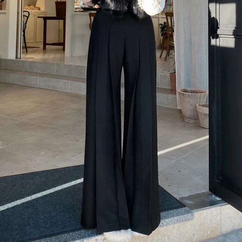 Neploe Solid Color Pants Korean Chic Minority Simple High Waist Thin Pantalon Pleated Draping Casual Straight Wide Leg Trousers