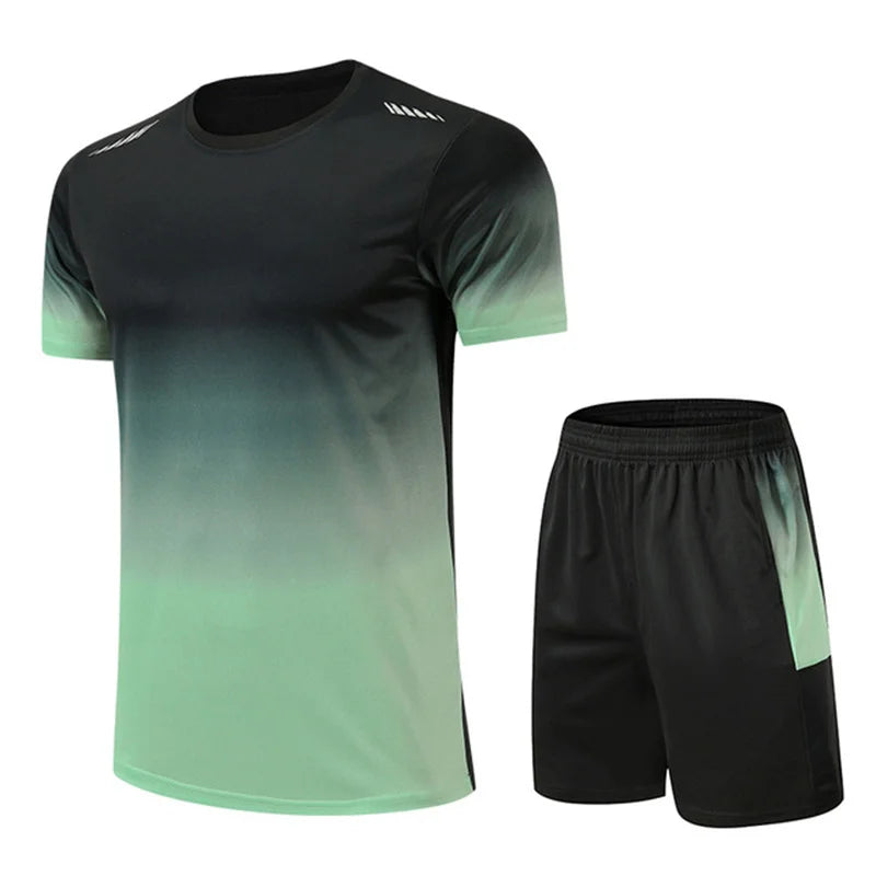 New Summer Sportswear Men Gradient Printed Badminton Set Outdoor Running T-shirt and Shorts Comfortable and Breathable Clothing