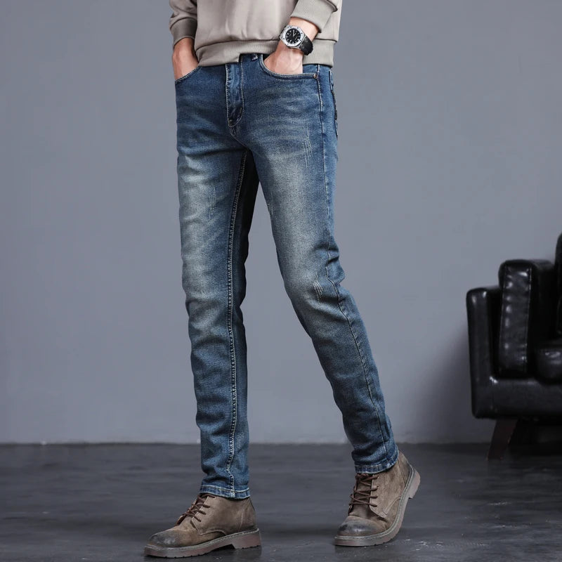 2024 Brand Clothing Biker Jeans Men Streetwear Long Slim Denim Pant Skinny Mid Waist Slight Elastic Cotton Trousers Male 27-36