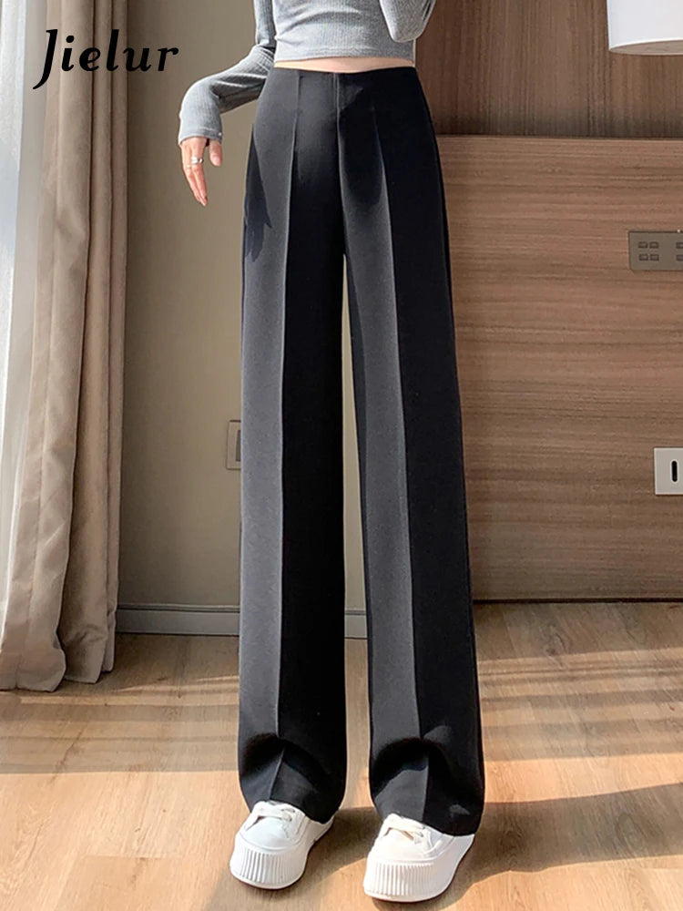 Jielur White Pleated Slim Fashion Full Length Women Wide Leg Pants Autumn Simple Casual High Waist 3-colors Female Suit Pants