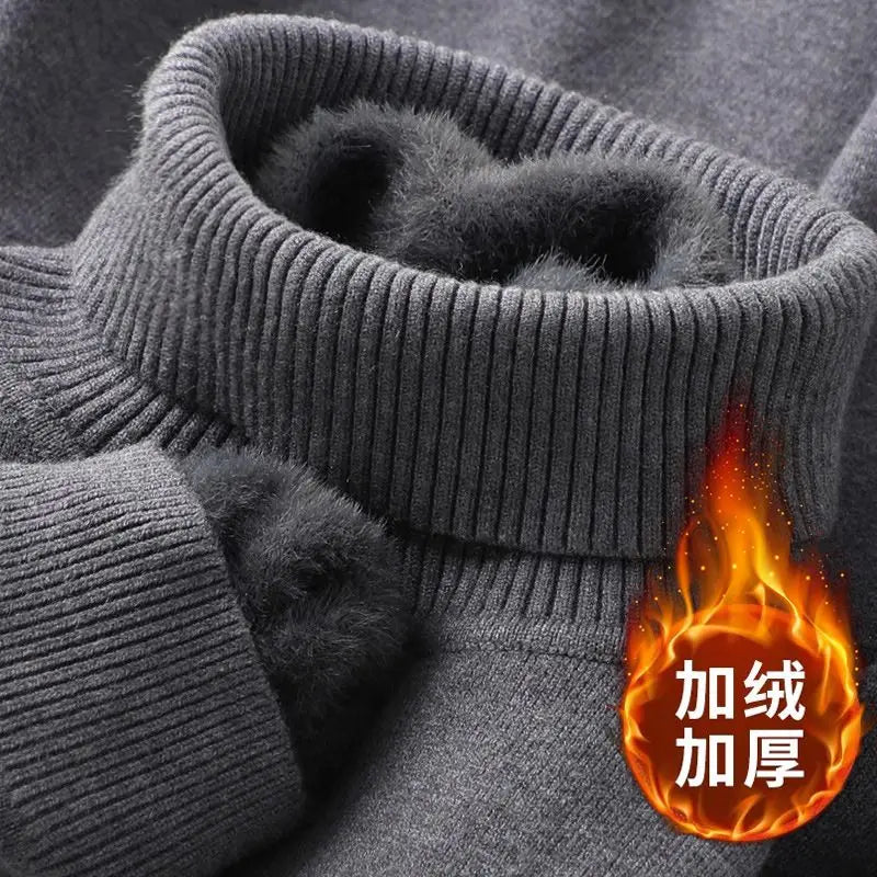 Autumn Winter Men's Turtleneck Sweater Knitted Velvet Warm Long Sleeve Pullover Outdoor Cold-proof Casual Blouse Base Sweater