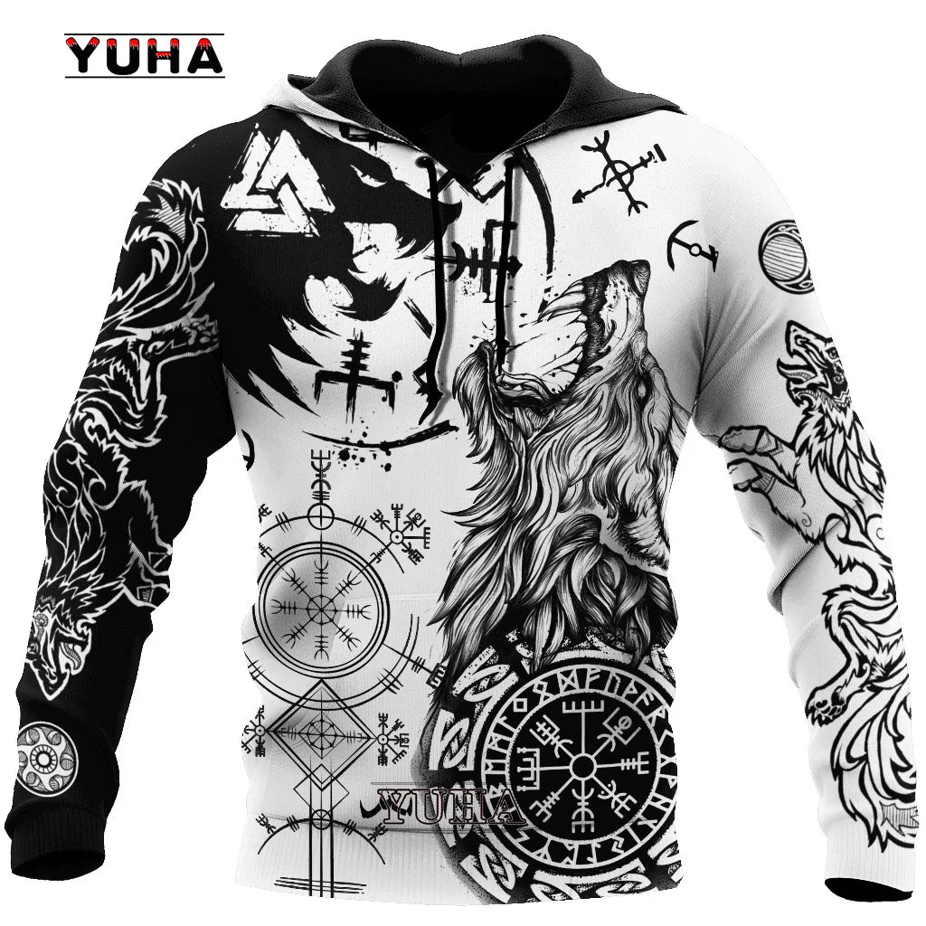 New Wolf Tattoo Vegvisir Black White 3D All Over Printed Men's Hoodie & Sweatshirt Unisex Casual Autumn Tracksuits