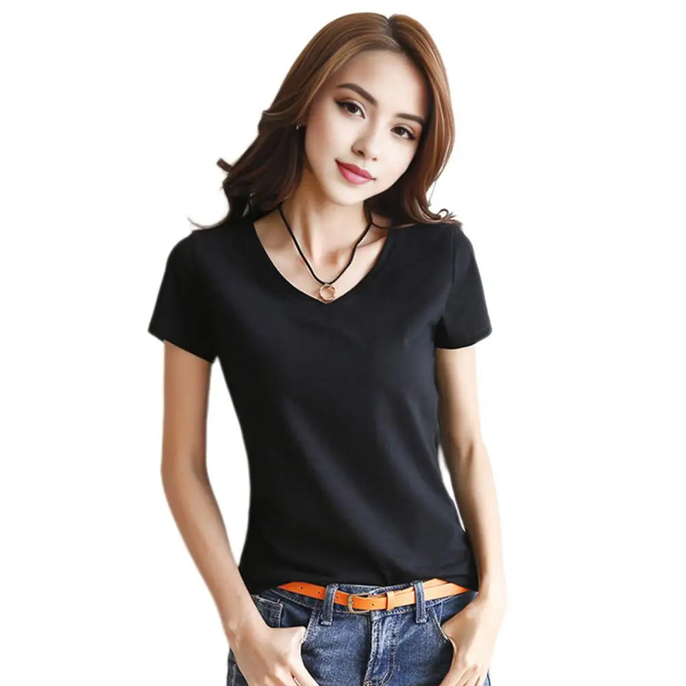 Women T shirt Stylish Women's V neck Summer T shirt Slim Fit Solid Color Pullover Tops for Streetwear Regular Fit