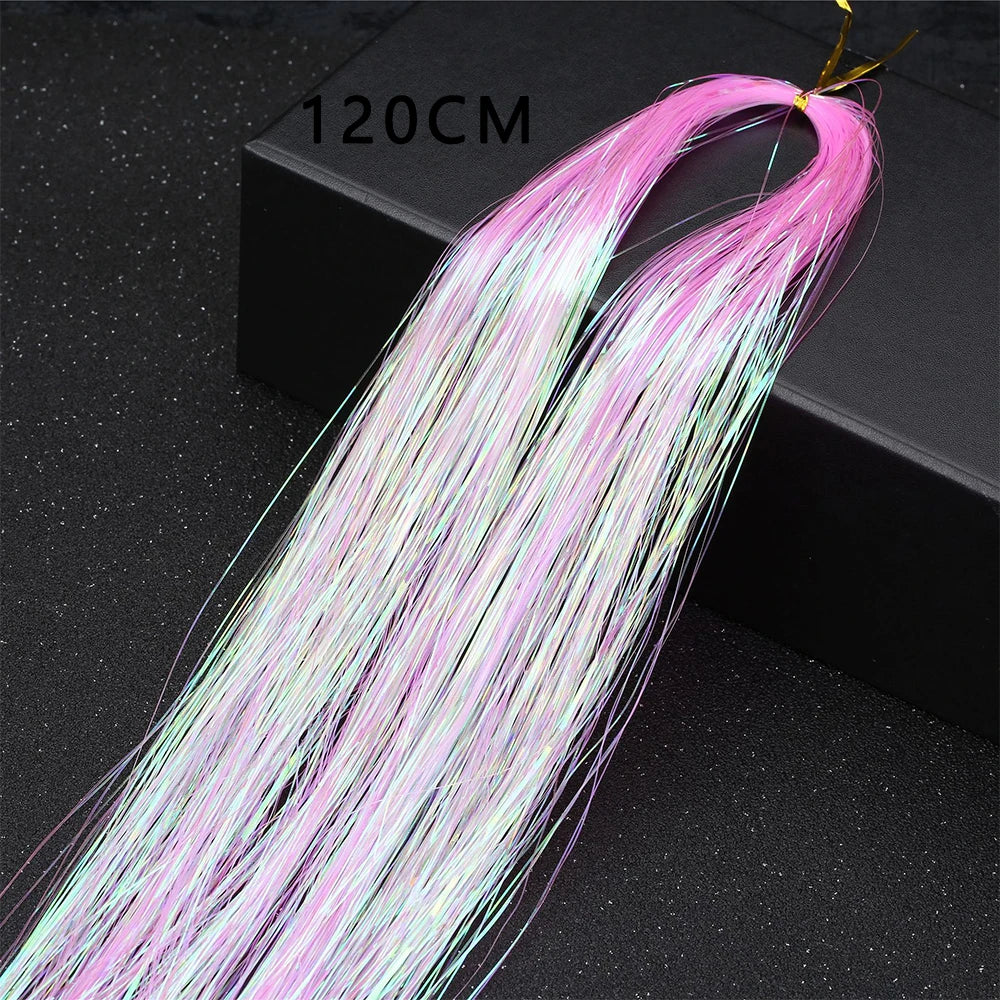 Sparkle Shiny Hair Tinsel Rainbow Silk Hair Extensions Dazzles Women Hippie for Braiding Headdress Long 120cm 150 Strands/bag