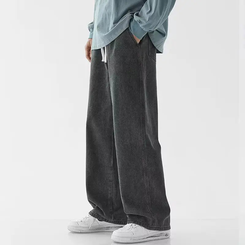 Korean Fashion Men's Baggy Jeans Elastic Waist Classic olid Color Straight-leg Denim Wide-leg Pants Male Light Blue Grey Black