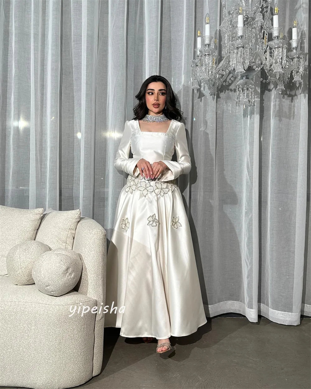 Customized Jiayigong  s Applique Draped Beach A-line Square Collar Bespoke Occasion Gown Long Dresses Saudi Arabia