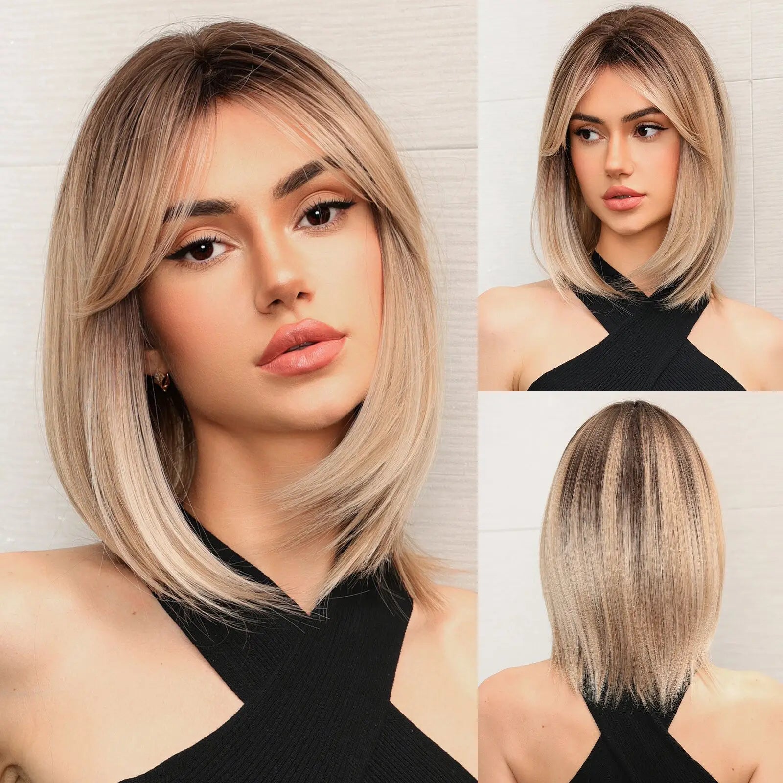 EASIHAIR Fashion Brown Blonde Highlight Synthetic Wigs Straight Hair with Bangs for Women Cosplay Daily Heat Resistant  Bob wig