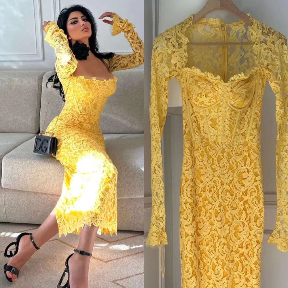 Customized  Net Pattern Quinceanera Sheath Square Neck Bespoke Occasion Gown Midi Dresses Saudi Arabia