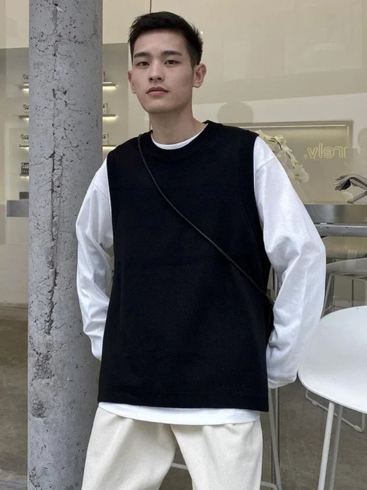 Knit Sweater Male Solid Color Plain Slit Men's Clothing Black Vest Waistcoat Sleeveless Korean Autumn Clothes Winter 2024 A Neck