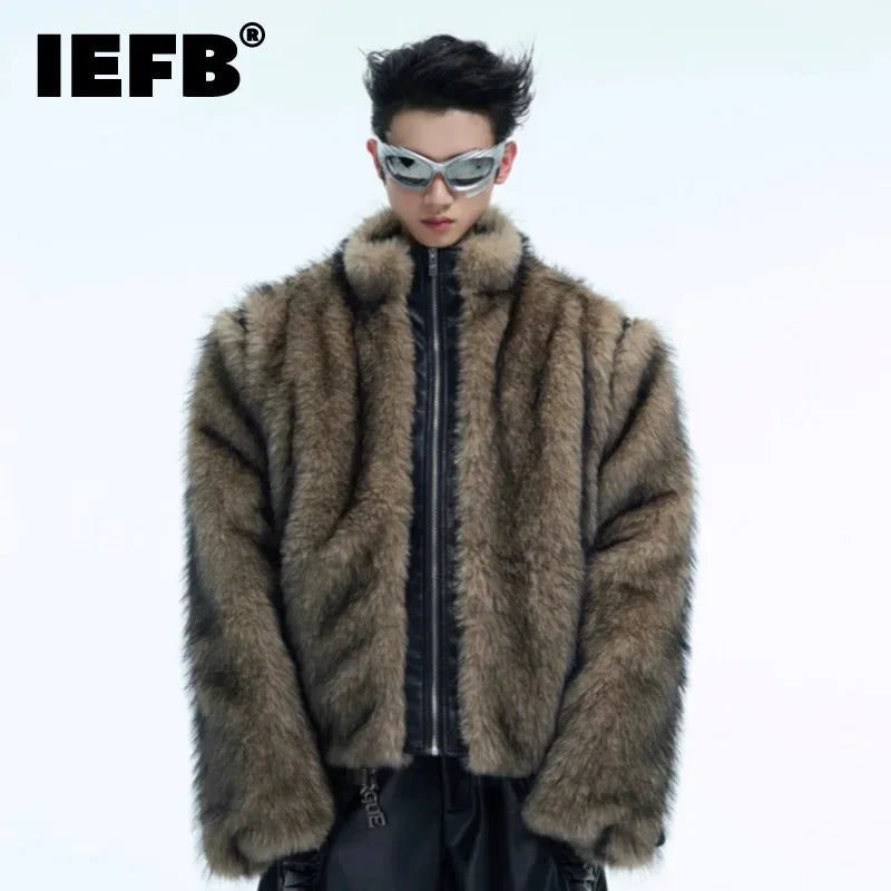 IEFB 2024 Winter New Men's Jackets Niche Imitation Mink Fur PU Leather Patchwork Thick Coat Short Loose Zipper Male Tops 24E5180