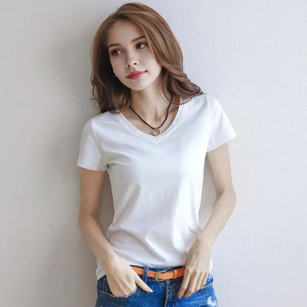 Women T shirt Stylish Women's V neck Summer T shirt Slim Fit Solid Color Pullover Tops for Streetwear Regular Fit