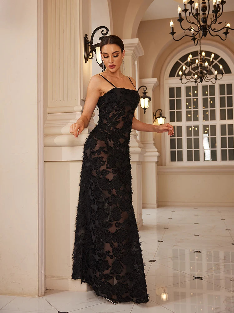 Mingmingxi Formal Occasion Dresses Maxi Black Appliques Dresses For Dancing Parties Long Elegant Party Dresses Women 2024 New In