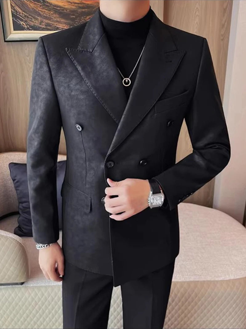 CY206  Leather Men Korean Business Casual British Double-breasted Suit Jacket Free Ironing Slim Body Fat Handsome Velvet Blazer