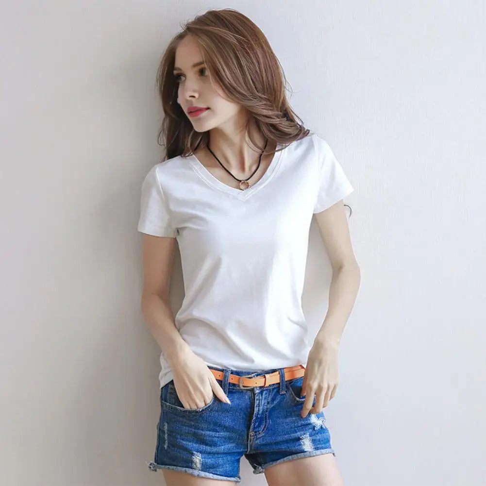 Women T shirt Stylish Women's V neck Summer T shirt Slim Fit Solid Color Pullover Tops for Streetwear Regular Fit