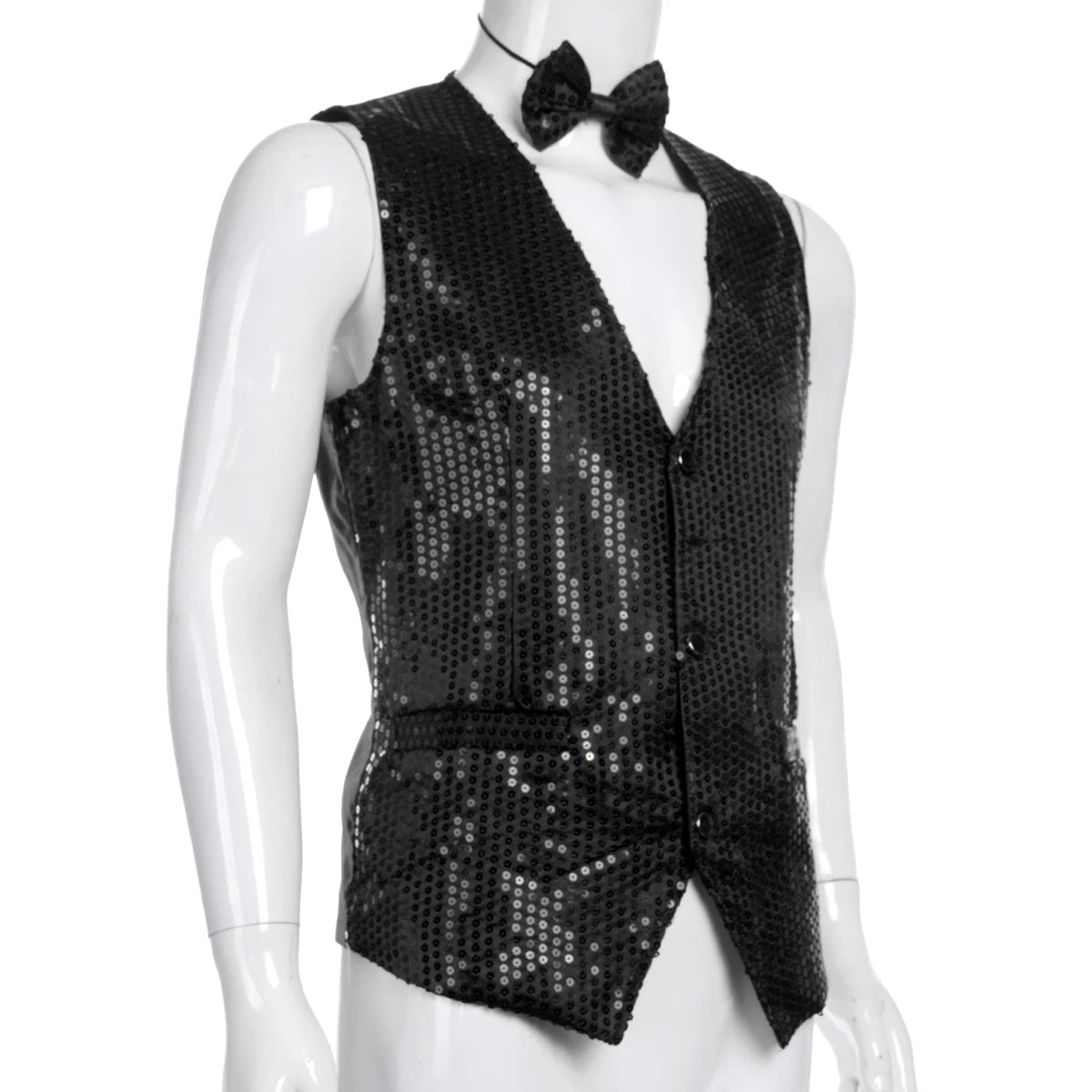 Male Sequin Blazer Button Waistcoat Vest with Bow Tie Fashion Men's Business Evening Wedding Party Glitter Sleeveless Slim Vest