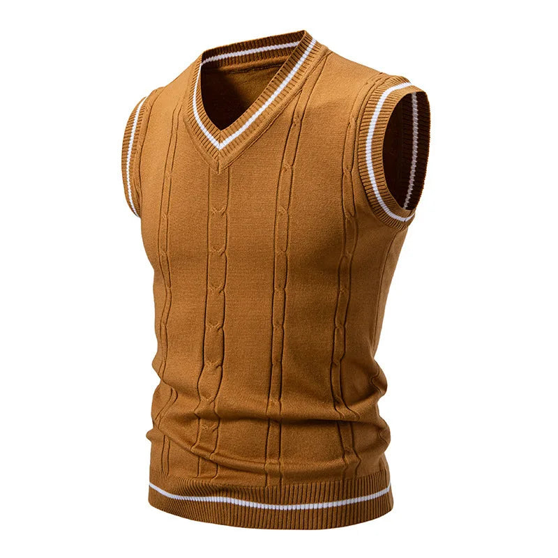 Autumn Winter Men's Knit Vests V-Neck Sleeveless Slim Fit Knitted Pullovers Men Fashion Patchwork Smart Casual Sweater Vest Man