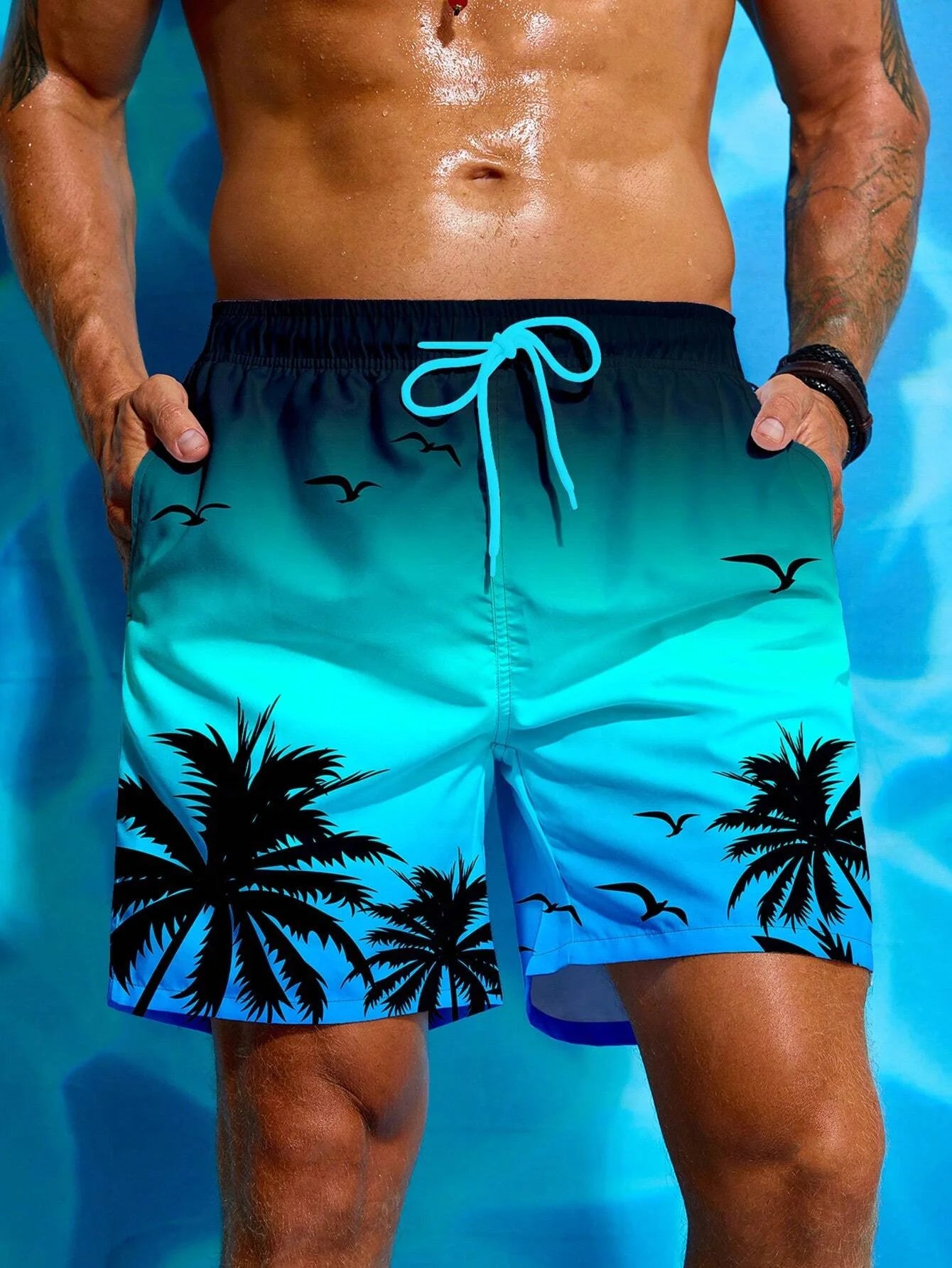 Hawaii Palm Tree Print Shorts 3D Print Beachwear Swim Trunk Men Surf Board Short Drawstring Trunk Quick Dry Short