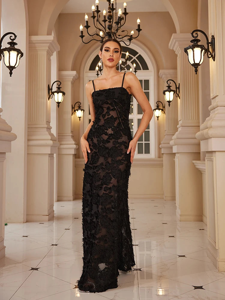 Mingmingxi Formal Occasion Dresses Maxi Black Appliques Dresses For Dancing Parties Long Elegant Party Dresses Women 2024 New In