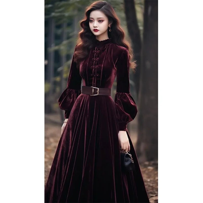 Autumn Winter New Chinese Fashion Chinese Formal Occasion Dress Female Long Dress Style Super Beautiful Purple Red Velvet Dress