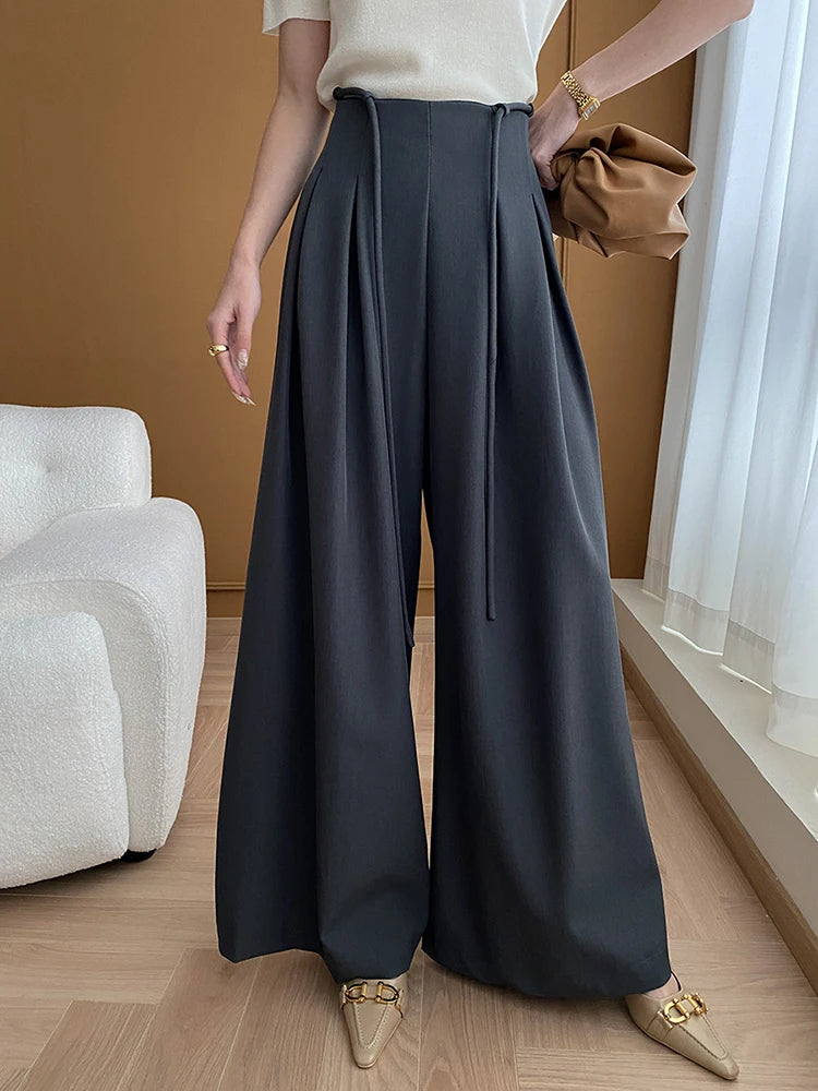 [LANMREM] Fashion Drawstring Suits Pants For Women High Waist Pleasted Wide Leg Trousers Office Lady Clothes 2024 Spring New