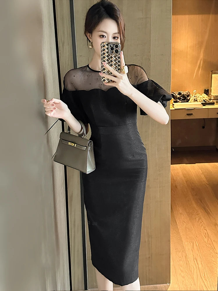 Work Style Formal Occasion Dress Women Clothes Commute Elegant Office Retro Sheer Sexy O-Neck Puff Sleeve Midi Pencil Vestidos