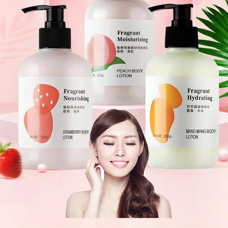 Fruit Body Milk, Peach, Mango, Strawberry, Smooth, and Lasting Fragrance    Moisturize, tender, smooth Skin care