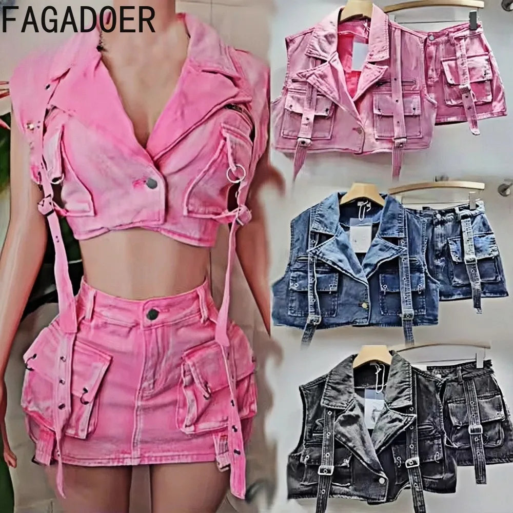 FAGADOER Pink Retro Denim 2 Piece Sets Outfit Women Cargo Big Pockets Jacket + Mini Skirt Matching Set Y2k Clothing Streetwear