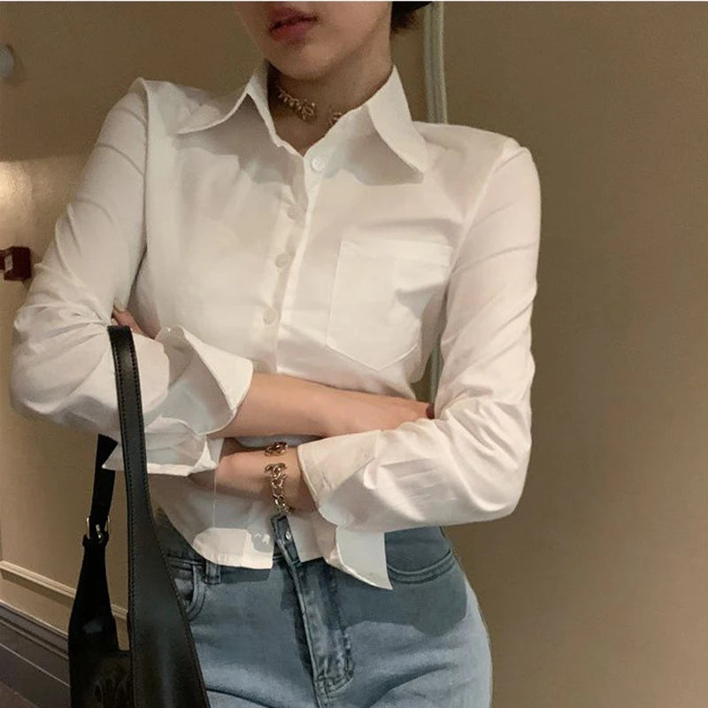 Korean White Office Women Chiffon Shirt Pocket Button Lapel Ladies Blouse Spring Commuter Long Sleeve New Female Crop Tops