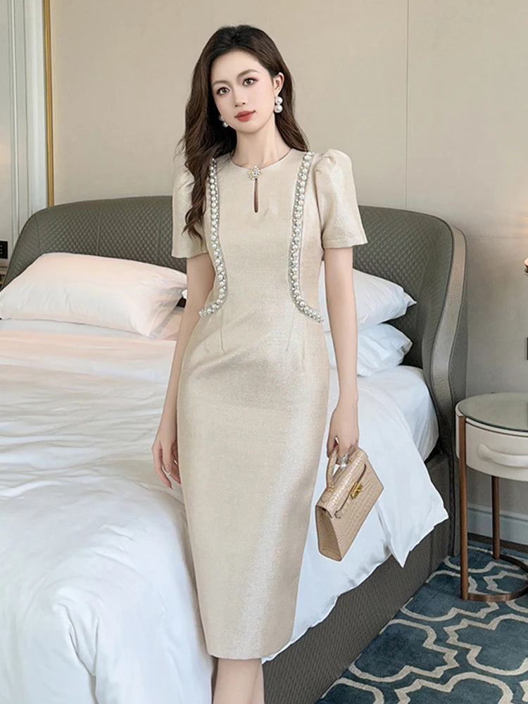 Summer Fashion Commute Formal Occasion Evening Dress Women Clothes Elegant Lady Retro Pearl Puff Sleeve Slim Midi Pencil Vestido