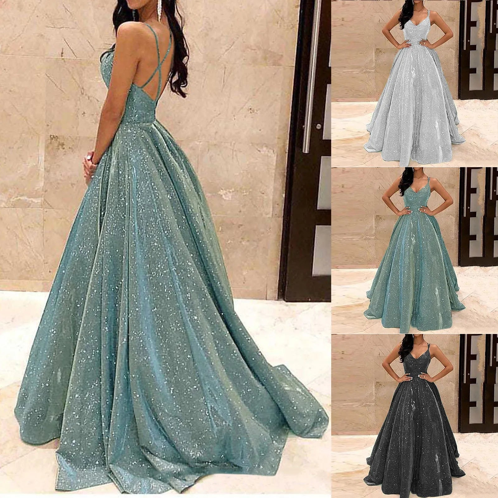 Lady Formal Occasion Glitter Sequins Dresses Sexy Elegant Backless Sleeveless Party Evening Dress New Women A-Line Evening Dress