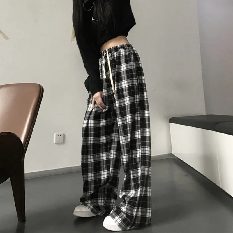 Harajuku Black White Plaid Pants Women 2024 Oversized Wide Leg Trousers Female Korean Style High Waist Checkered Pants Female