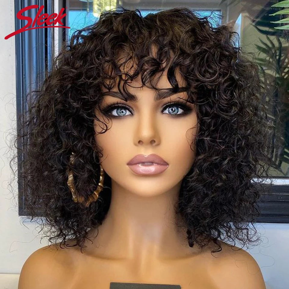 Short Pixie Bob Cut Human Hair Wigs With Bangs Jerry Curly Full Machine Wig Highlight Honey Blonde Colored Wigs For Women