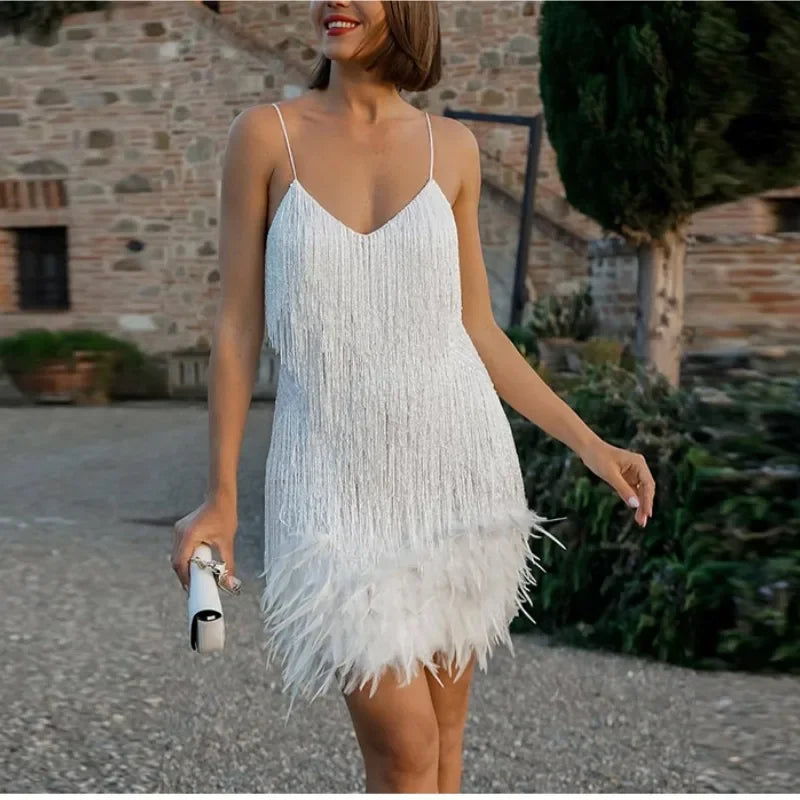 2025 New Sexy Tassel Sequins Feather Mini Dress Women Spaghetti Strap Stitching Dresses Female Elegant Evening Party Club Dress