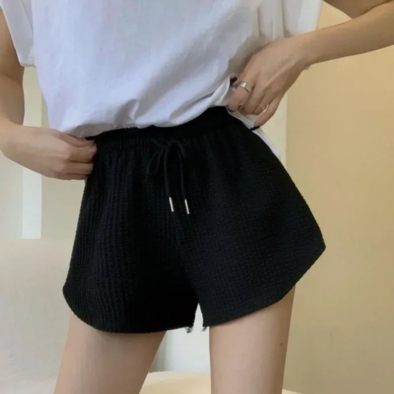 Women Shorts Summer High Elastic Lace Up Drawstring Wide Leg Sweat Short Fitness Running Shorts Loose Casual Large Sports Pants