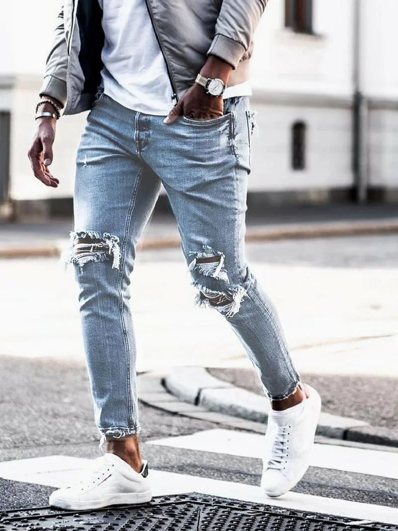 2023Hot Sale Fashion Street Style Ripped Skinny Jeans Men Vintage Solid Denim Trouser Mens Casual Slim Fit Pencil Denim Pants