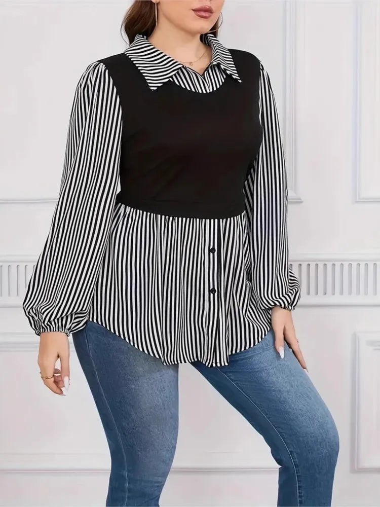 Plus Size Autumn Striped Print Patchwork Pullover Tops Women Casual Fashion Ladies Blouses Loose Long Sleeve Woman Tops