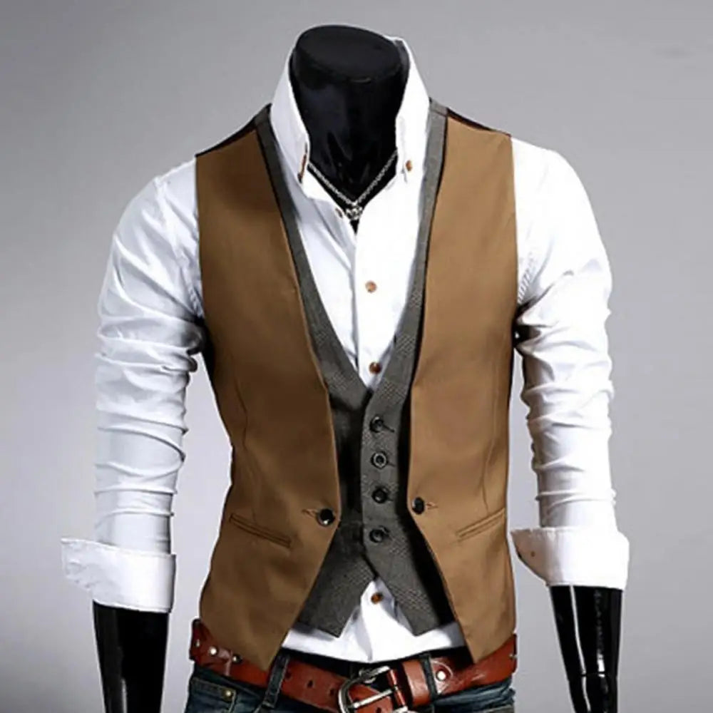 Men Formal Waistcoat Vest Business Solid Color Single Button Vest gilet Fake Two-pieces V Neck Casual S-lim chalecos para hombre