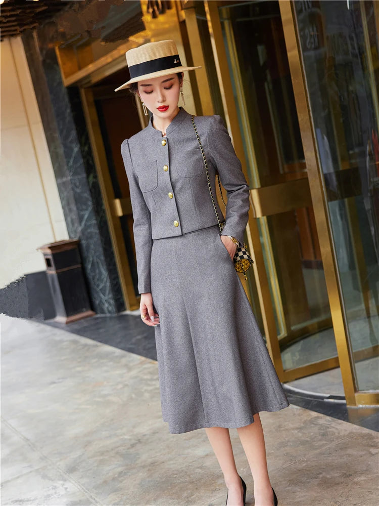 Long Sleeve Career Office Blazer Set for Women Crop Top Swing Skirt Suits 2 Pieces Matching Outfits Short Sets Spring Fashion