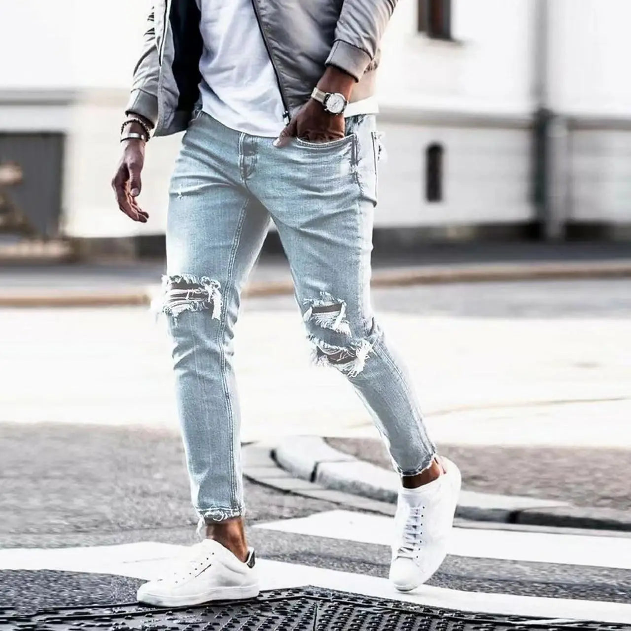 2023Hot Sale Fashion Street Style Ripped Skinny Jeans Men Vintage Solid Denim Trouser Mens Casual Slim Fit Pencil Denim Pants