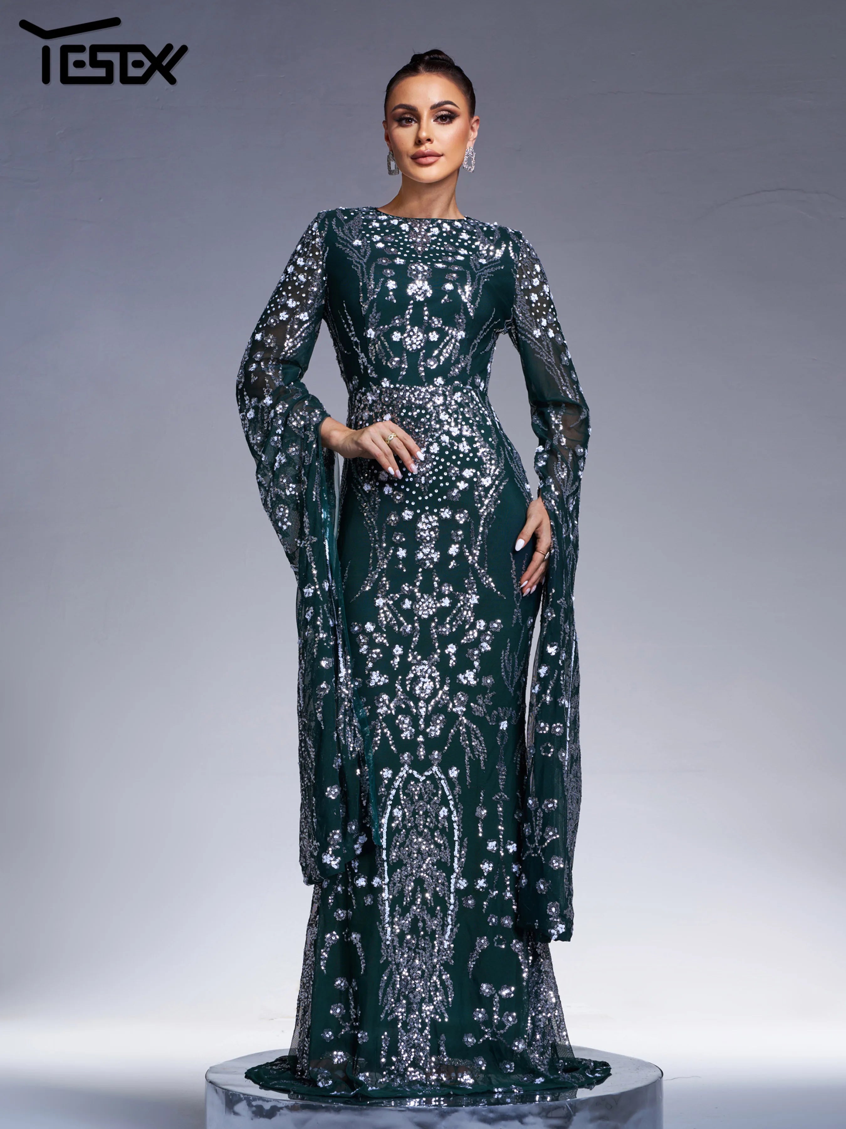 Yesexy New Church Round Neck Elegant Party Sequin Ethnic Style Mermaid Evening Gown Extend Sleeves Formal Occasion Dresses