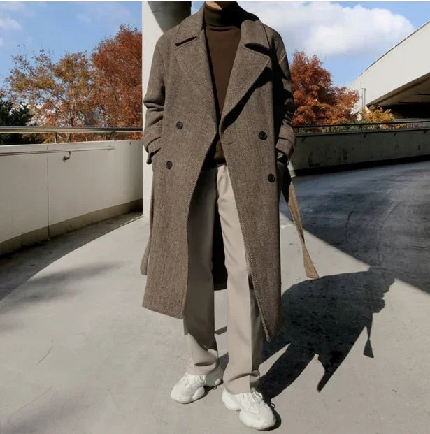 Men's new winter woolen coat Korean version of the trend herringbone pattern in the long thick lapel woolen coat coat size 2XL