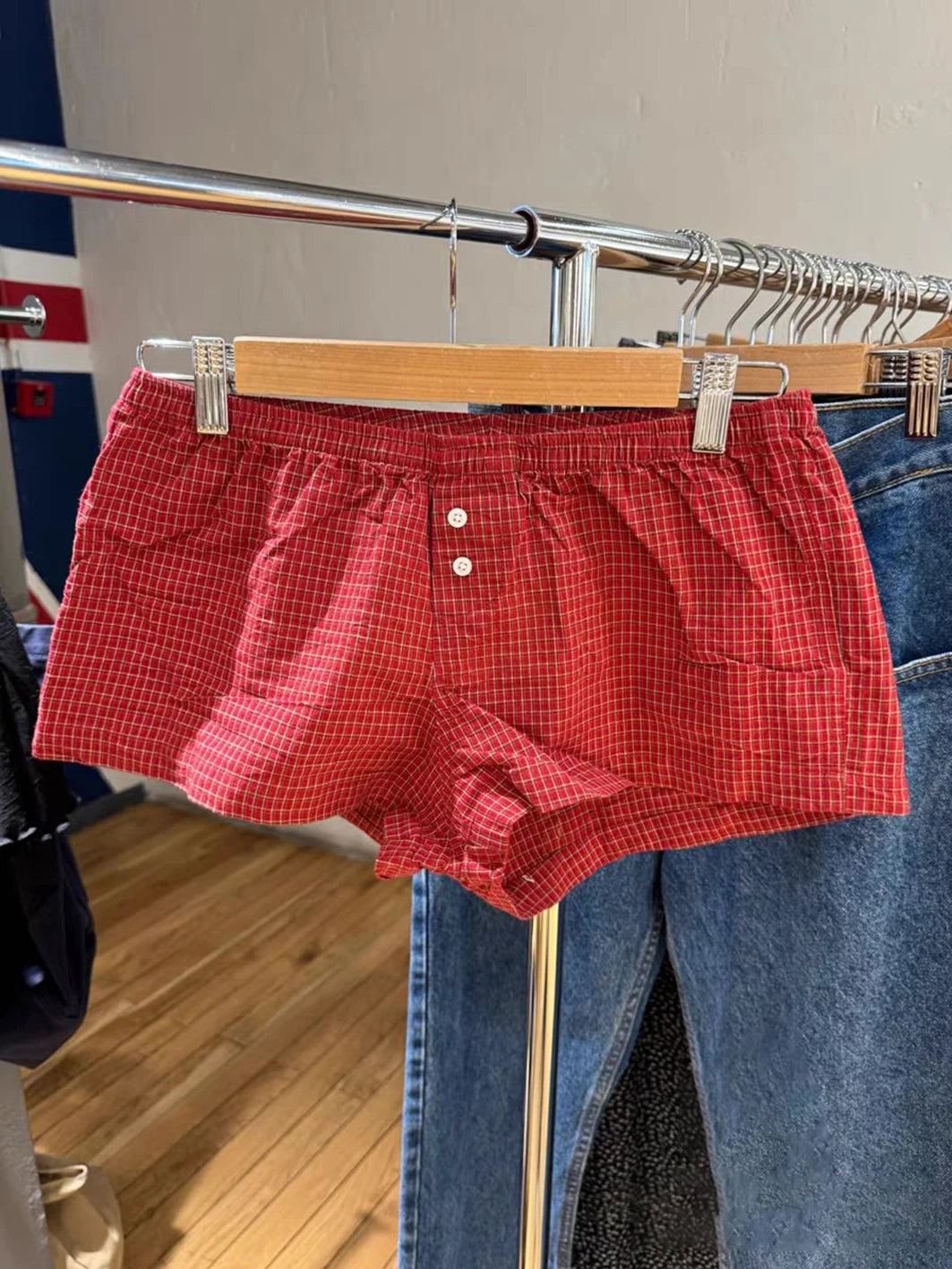 Red Plaid Straigth Shorts Women Summer Elastic Waist Buttons Casual Sweet Short Pant Cotton Y2k Pants Vintage Home Underwear