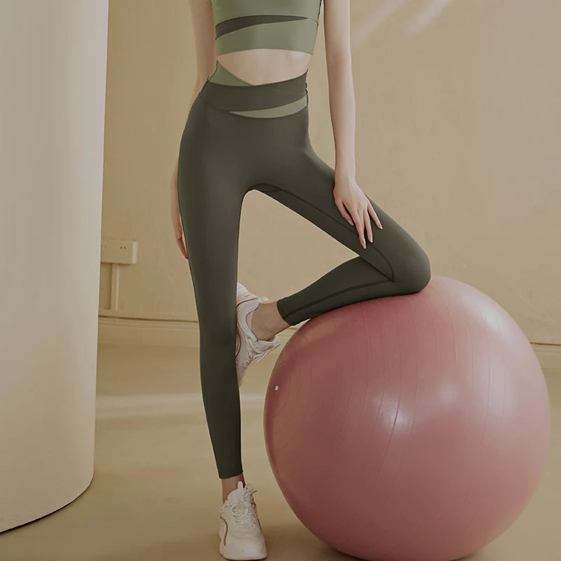 Panelled high-waisted women's peach hips and abdomen tight, cross-running, sports, fitness, yoga trousers