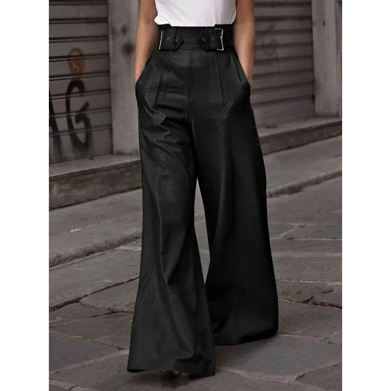 Modigirl Autumn Winter Women's Faux Pu Long Pants 2024 High Waisted Loose Pleated Pockets Streetwear Female Wide Leg Trousers