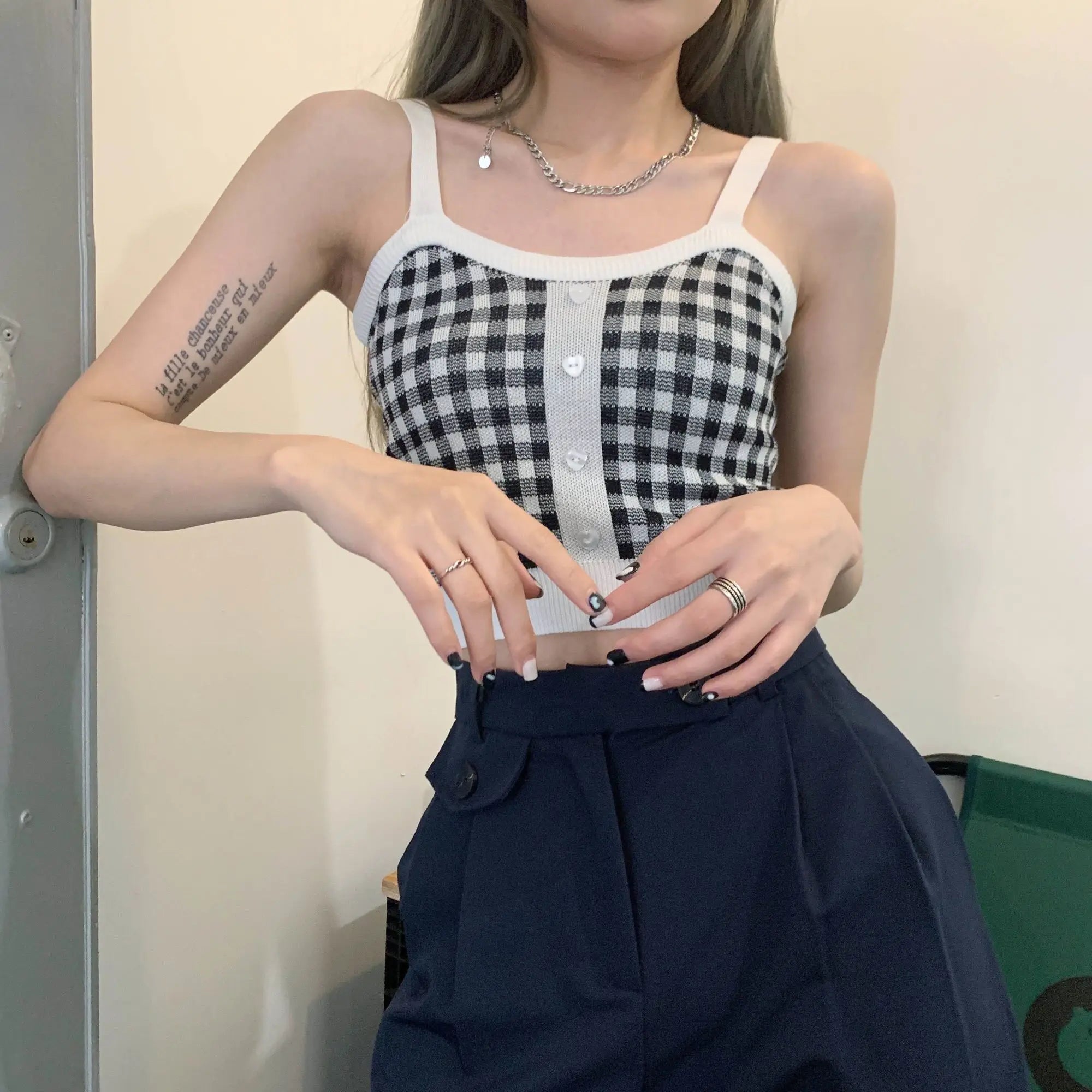 Plaid Button Tank Tops Spaghetti Strap Women Summer Fashion 2023 Y2K Cute Korean Knitted Tight Sleeveless Vest Crop Top Female