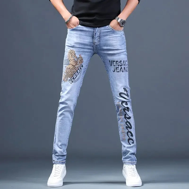 Luxury Style Korean Clothing Men's Jeans Fashion Jeans with Print Slim Fit Denim Pants for Summer Classic Trousers Jeans Male