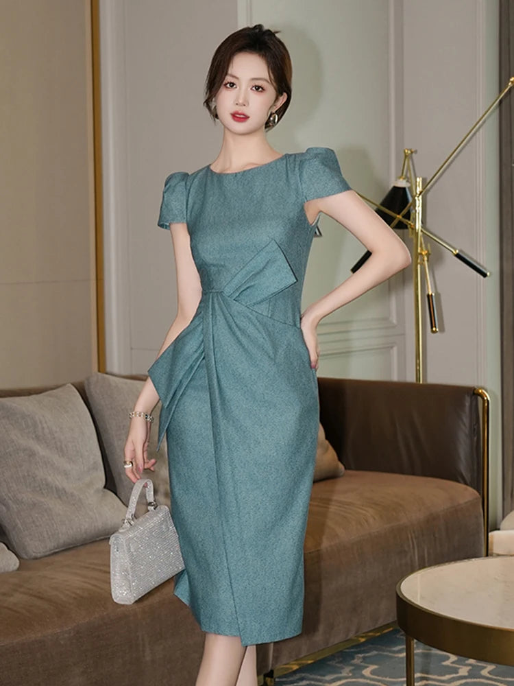 New Summer Fashion Work Style Formal Occasion Pencil Dress Women Clothes Commute Retro Solid Bow Short Sleeve Slim Party Vestido