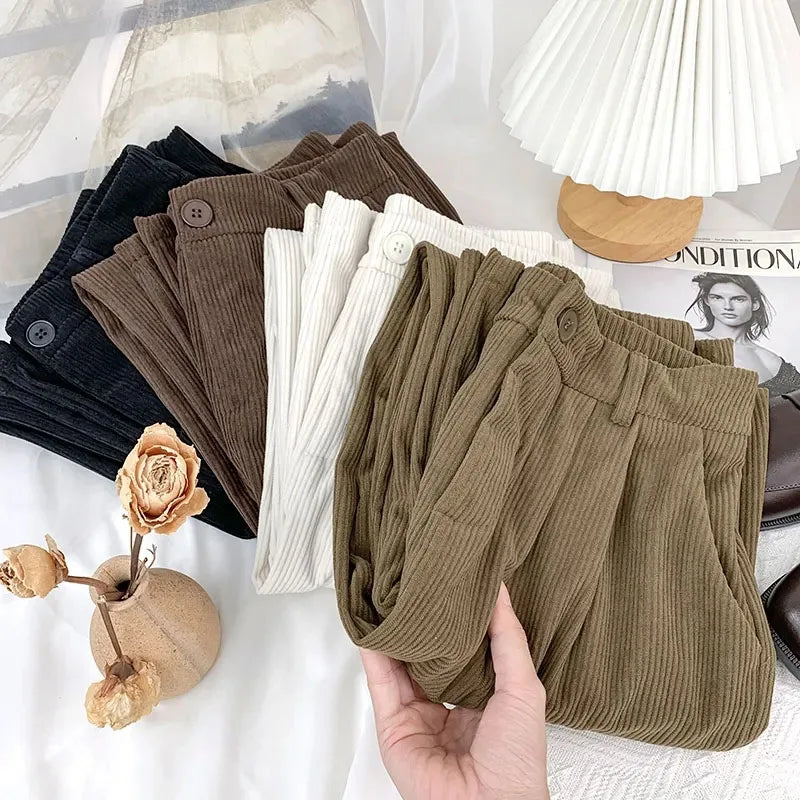 Fall Thick Warm Women Corduroy Pants High Waist Retro Casual Straight Trousers Korean Solid Pockets All Match Wide Leg Pants New