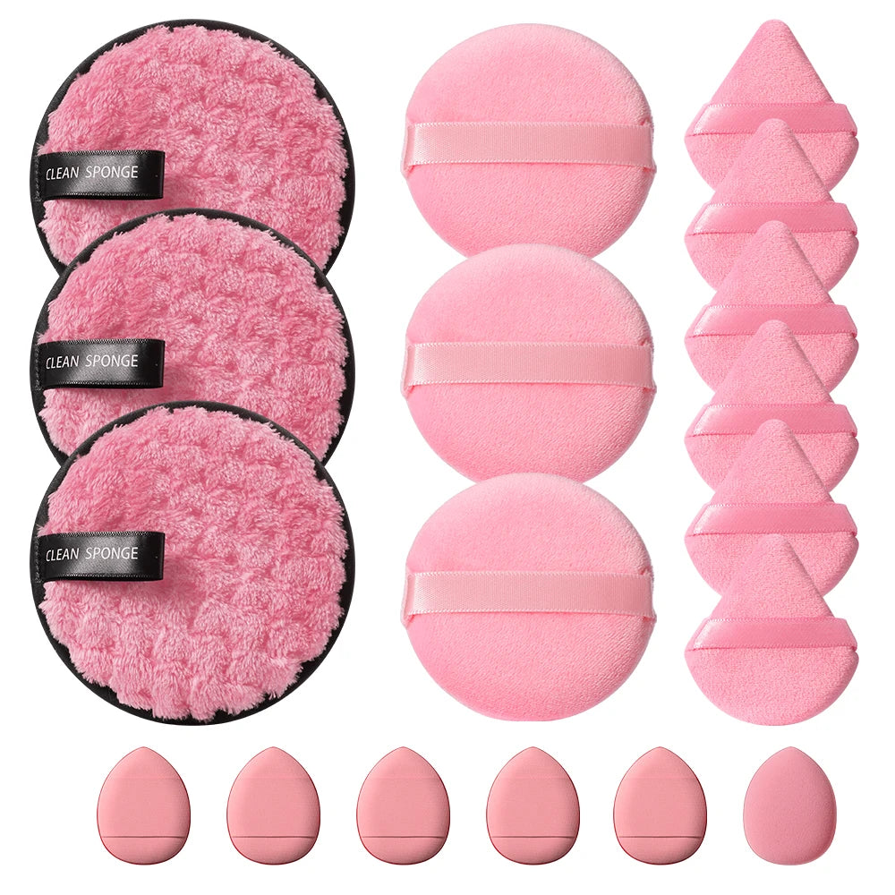 18Pcs Powder Puff Set, Puffs with 9pcs Powder Puff 3pcs Facial Sponge and 6pcs Mini Finger Puff for Face Beauty Makeup Tools