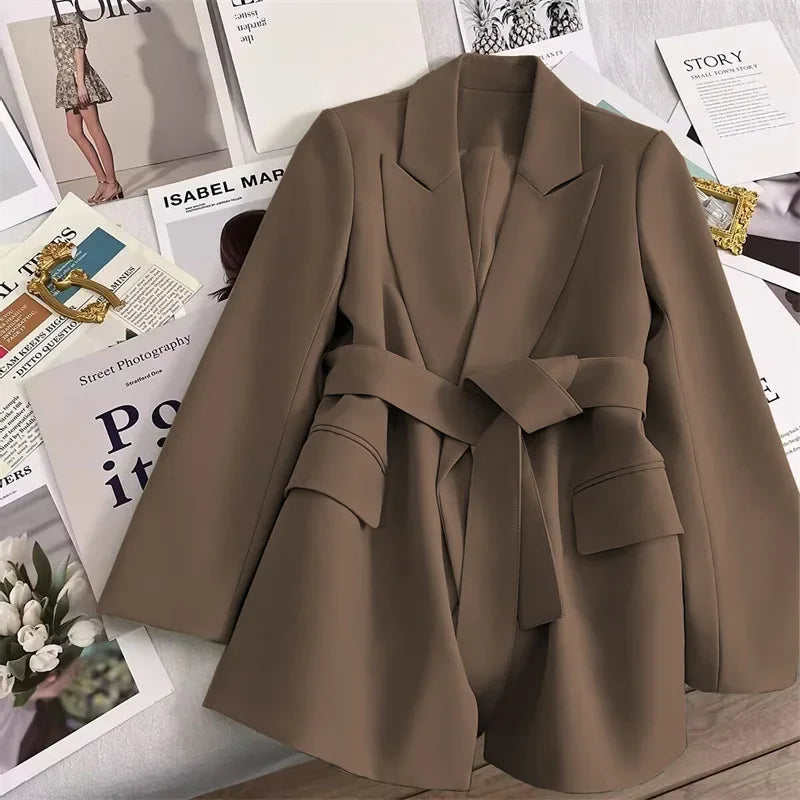 Women Blazer with Belt New in Outerwears Offcie Ladies Long Sleeve Tops Casual Coats Oversized Jacket for Women Elegant Clothing